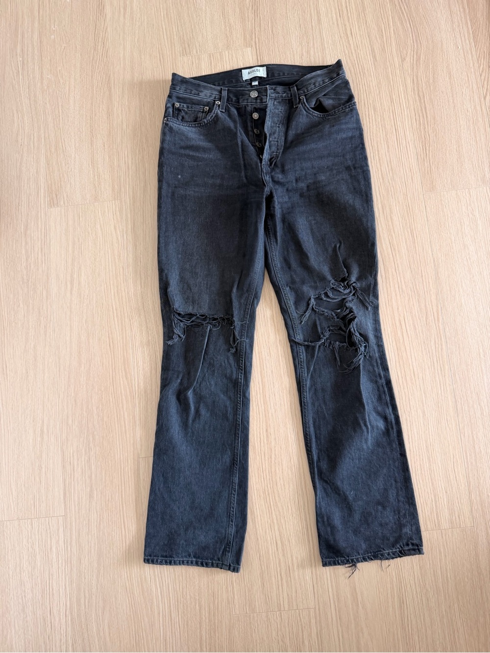 Agolde Black Lana Mid Rise Distressed Straight Leg Jeans